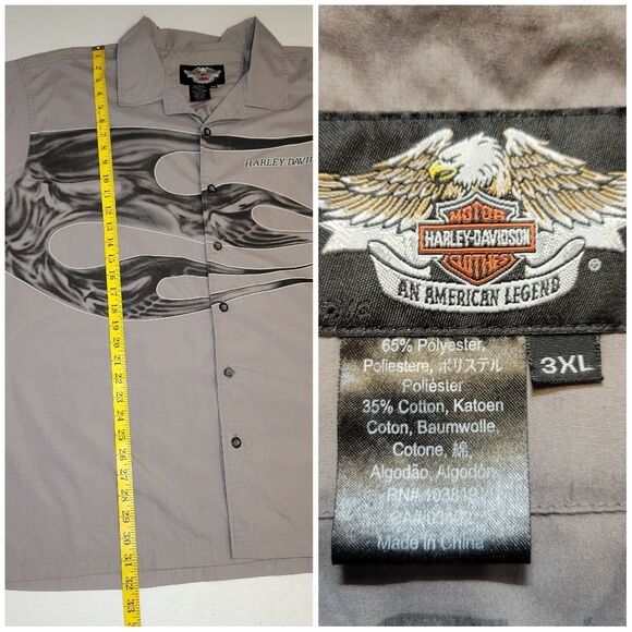 Harley-Davidson Gray Button Up Camp Collar Short Sleeve Men's Shirt Skull Flames - Picture 9 of 9